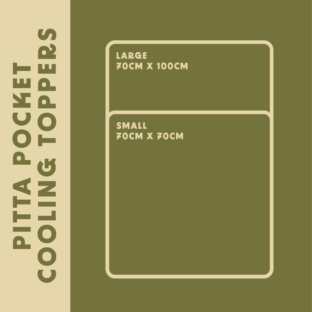 Cooling topper for pitta pockets come in two sizes. Small 70 cm by 70cm and a large 70cm by 100cm.