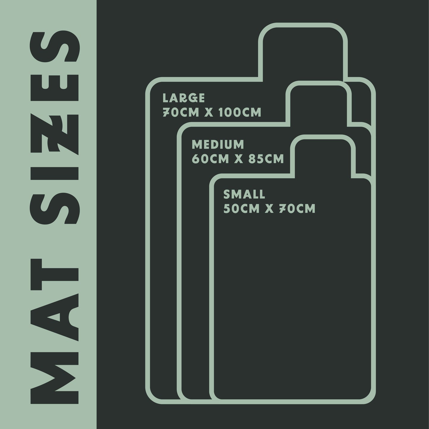 Jungle Pup Settle Mat Size guide of settle mats: "Size guide for settle mats in three sizes: Small (50cm by 70cm), Medium (60cm by 85cm), and Large (70cm by 100cm) dog mats.