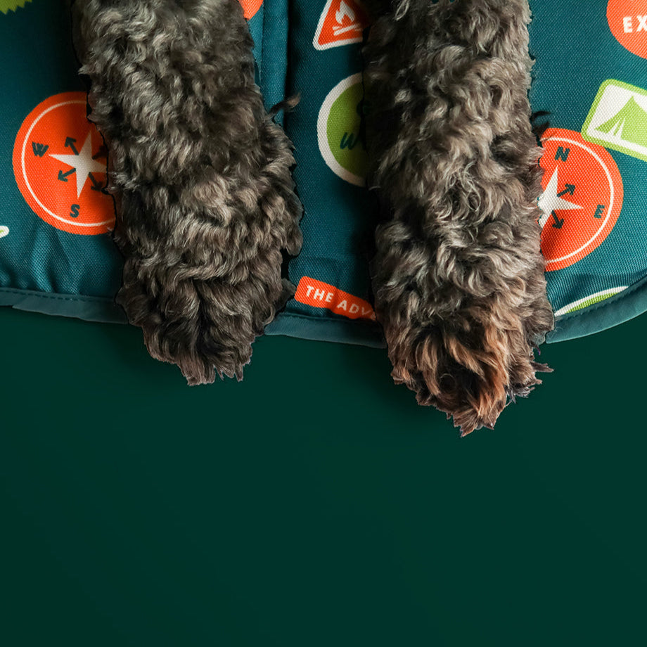 Happy Camper non-slip waterproof settle mat with merit badge design for settle training.