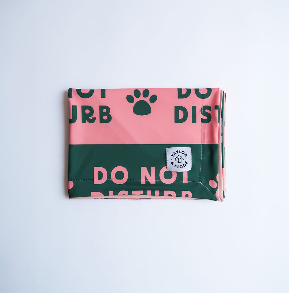 Do Not Disturb dog settle mat cooling topper in pink and green by Taylor and Floof