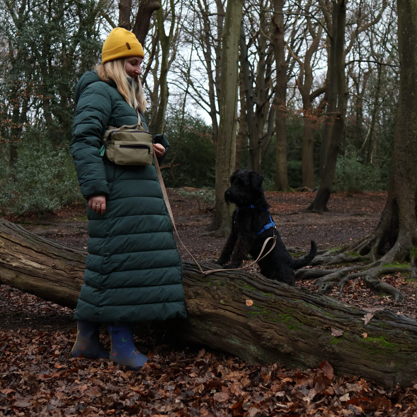 Explore stylish & waterproof dog walking bags at Taylor & Floof. Choose from Green and black. Designed for dog parents who do it all! Image of a blonde lady in the forest with her dog using our green Taylor and Floof Dog walking Bumbag