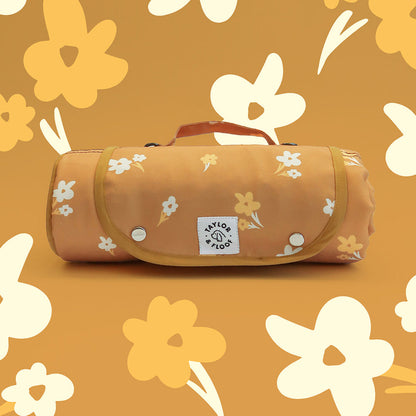 Bright Yellow & Cream Flower Dog Mat. Golden honey colour with cream and yellow florals. Cosy & Washable Settle Mat. Perfect for picnics, summer socials in the park, pub visits and training.