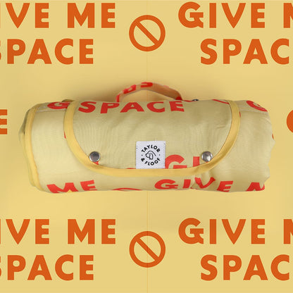 Bright yellow Give Me Space settle mat with bold text, perfect for signalling a reactive or working dog’s need for space. Durable and lightweight Give Me Space settle mat for dog training and promoting calm in new environments