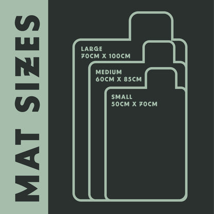 Jungle Pup Settle Mat Size guide of settle mats: "Size guide for settle mats in three sizes: Small (50cm by 70cm), Medium (60cm by 85cm), and Large (70cm by 100cm) dog mats. 