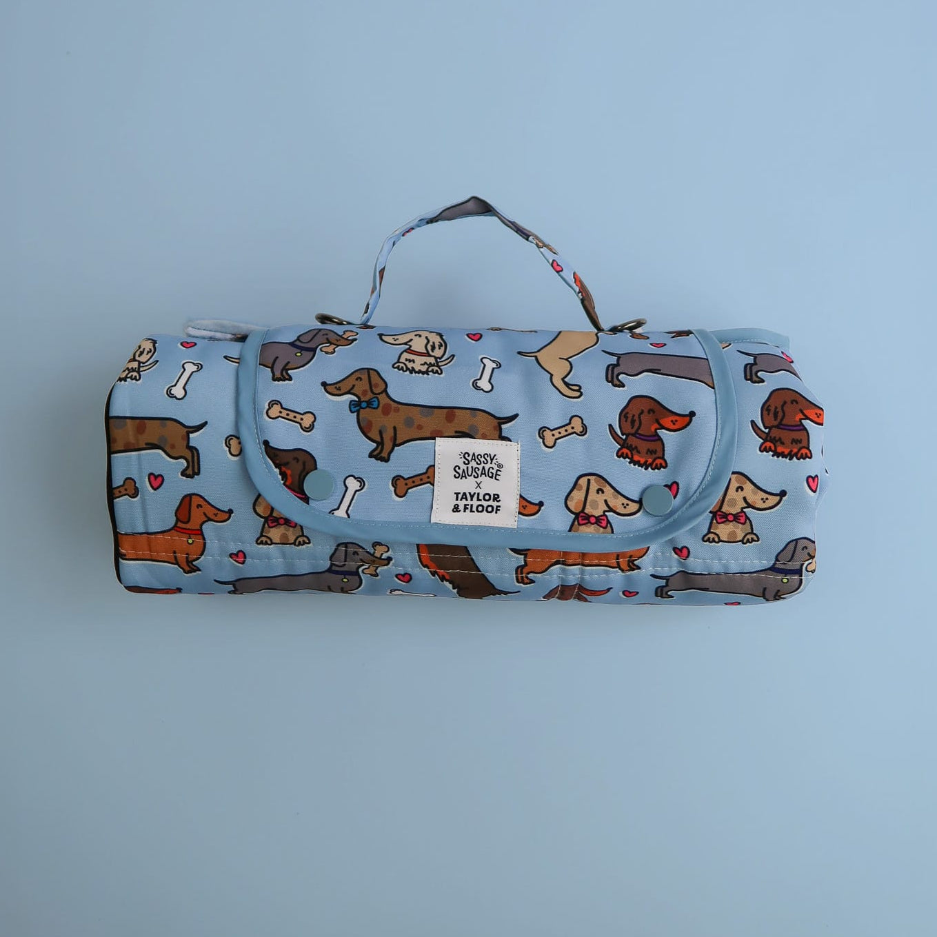 Portable dog settle mat rolled up with carry handle for travel and days out