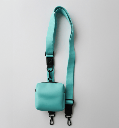 Light blue, shoulder and removable treat pouch. 3cm wide, 96-155cm adjustable length.