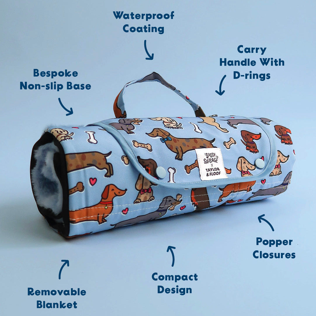 Key features of the taylor and floof pitta pocket. Waterproof coating, bespoke non slip base, carry handle with d rings, removable blanket, compact design and popper closures.
