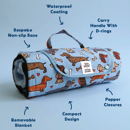Key features of the taylor and floof pitta pocket. Waterproof coating, bespoke non slip base, carry handle with d rings, removable blanket, compact design and popper closures.