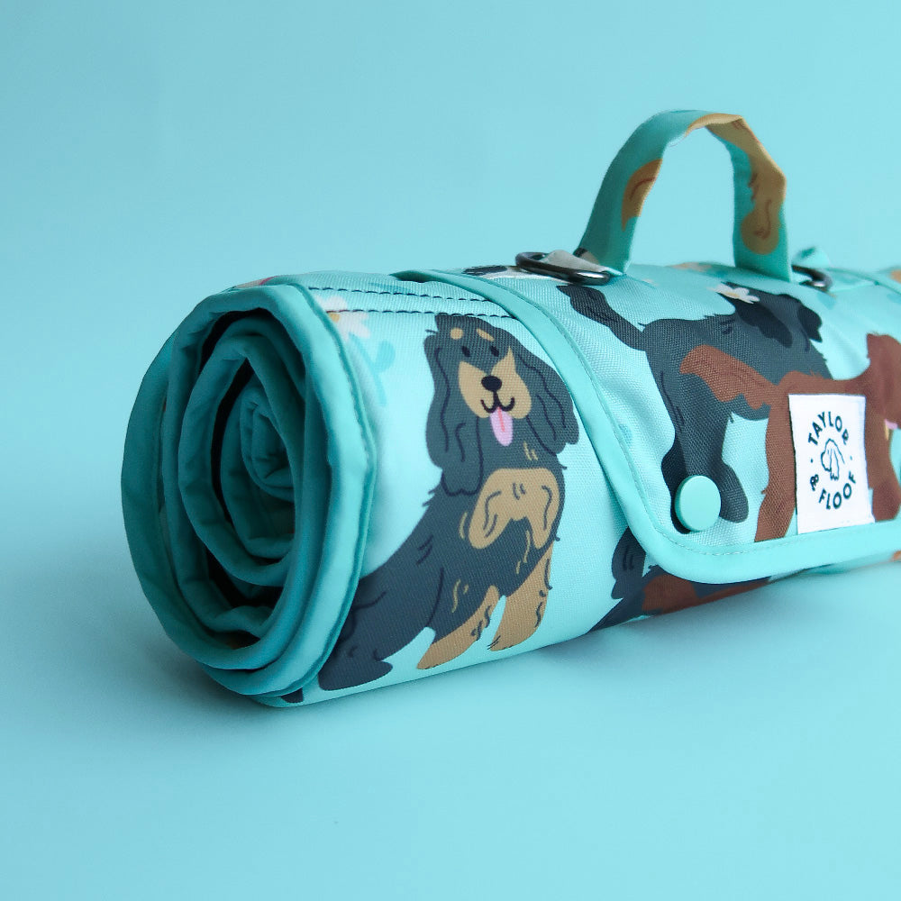 Foldable light blue dog mat with spaniel illustrations, portable and compact for on-the-go training and outings.