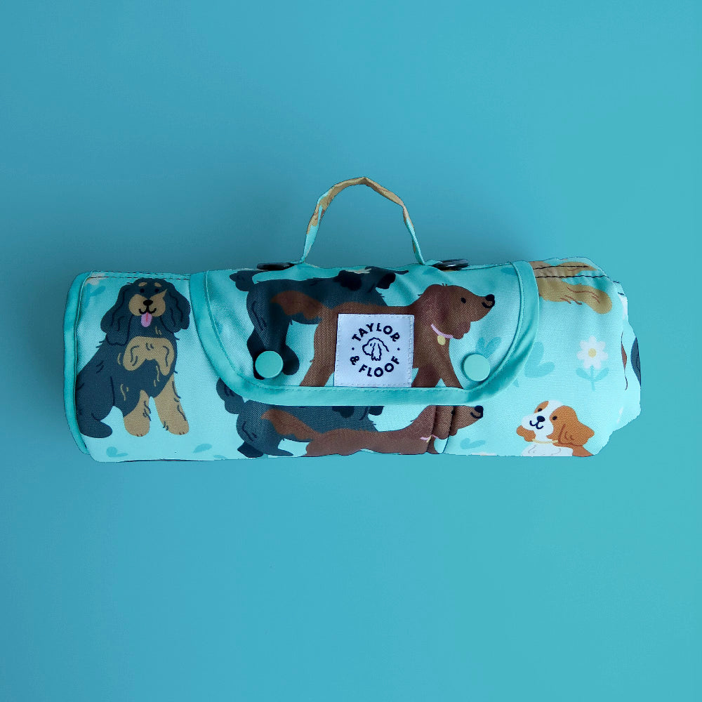 Foldable dog mat with spaniel illustrations on a blue background. Perfect product for training, travel, and helping dogs settle in public spaces.